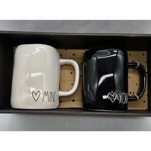 NEW Rae Dunn "Mine" & “Yours" Black and White TWO MUGS Boxed Set Valentines LOVE